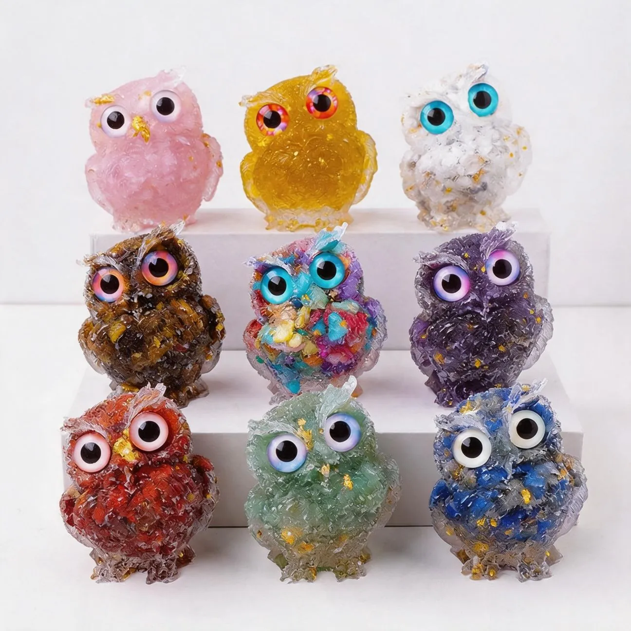 Natural Crystal Chip Resin Owl Figurine Handmade Animal Statue Gold Foil Inlaid Desk Ornament Healing Stone Home Decor Gift