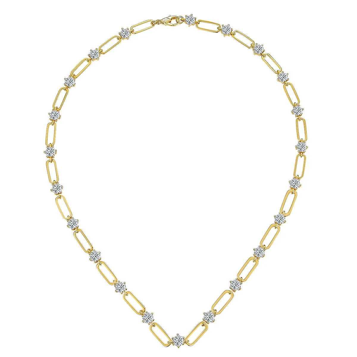 Vintage 18K Gold Plated 925 Sterling Silver Paperclip Necklace For Women With D Color Moissanite Round Sparkly Jewelry Set