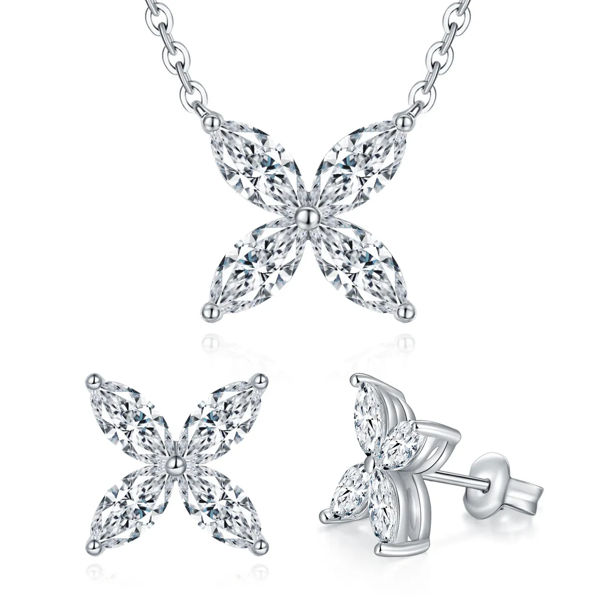GRA Argent Sterling 925 Moissanite Trèfle à Quatre Feuilles Ensemble de Bijoux Pendentif Collier Taille Marquise Boucles d'Oreilles Clous pour Femme Bijoux