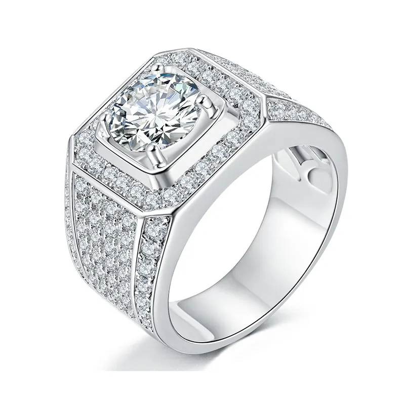 Luxuriöser 925 Sterlingsilber Moissanit Ring für Herren Pave Eingelegter Rundschliff Edelstein Ehering Business Schmuck