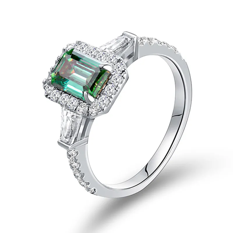 Emerald Cut Green Moissanite Ring For Women 925 Sterling Silver 18K Gold Plated Luxury Halo GRA Moissanite Jewelry Ring