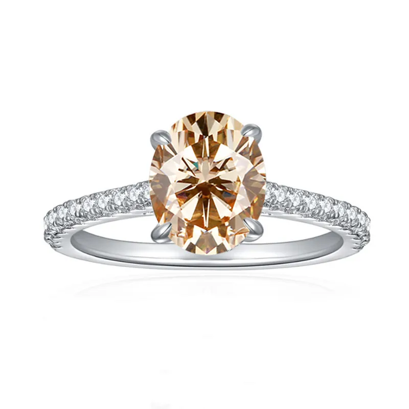GRA 925 Sterling Silver Ring Champagne Moissanite Rhinestone Oval Engagement Wedding Band For Women Jewelry