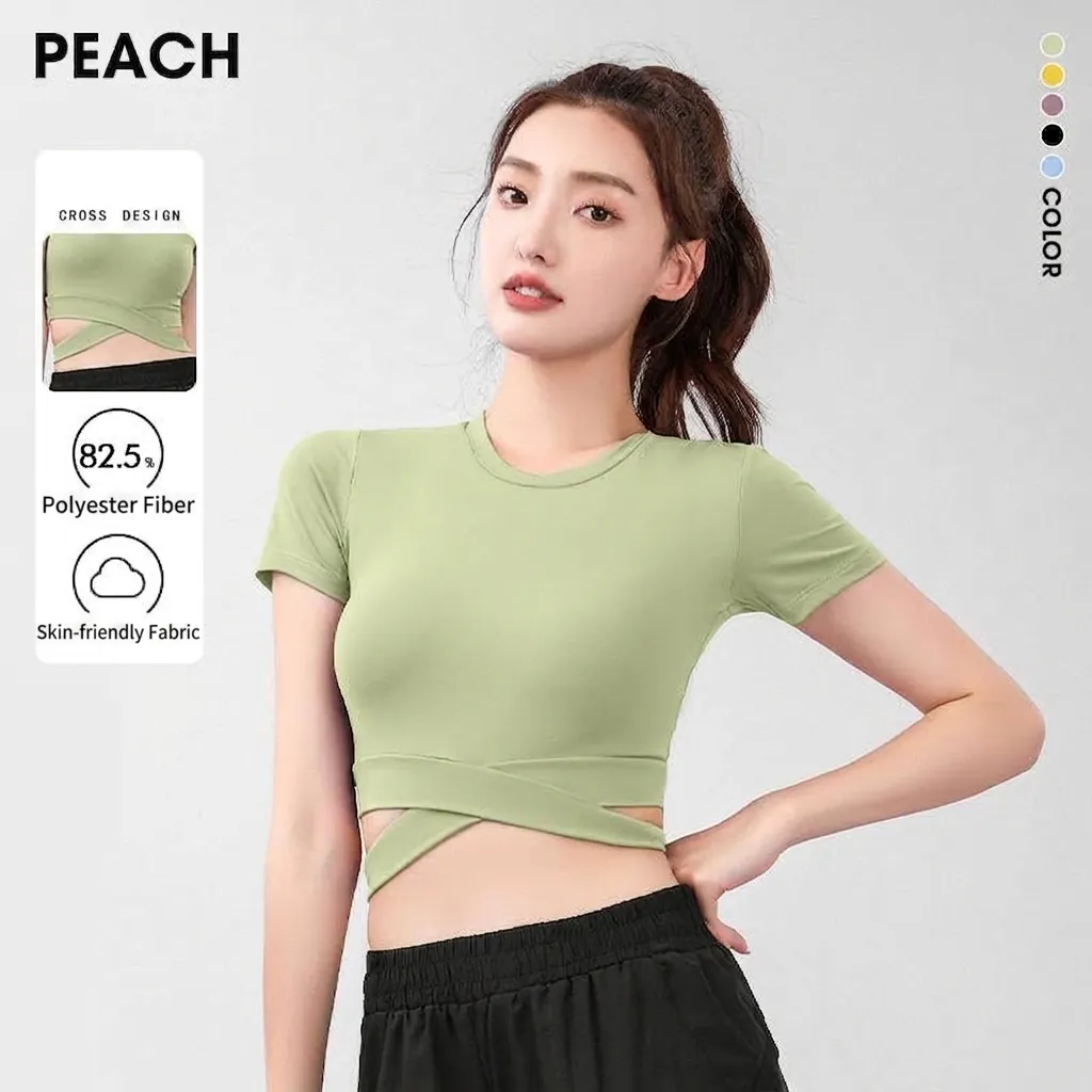 Top de Yoga para Mujer con Cintura Cruzada Sensación Desnuda Camiseta de Gimnasio de Manga Corta Secado Rápido Crop Top Deportivo