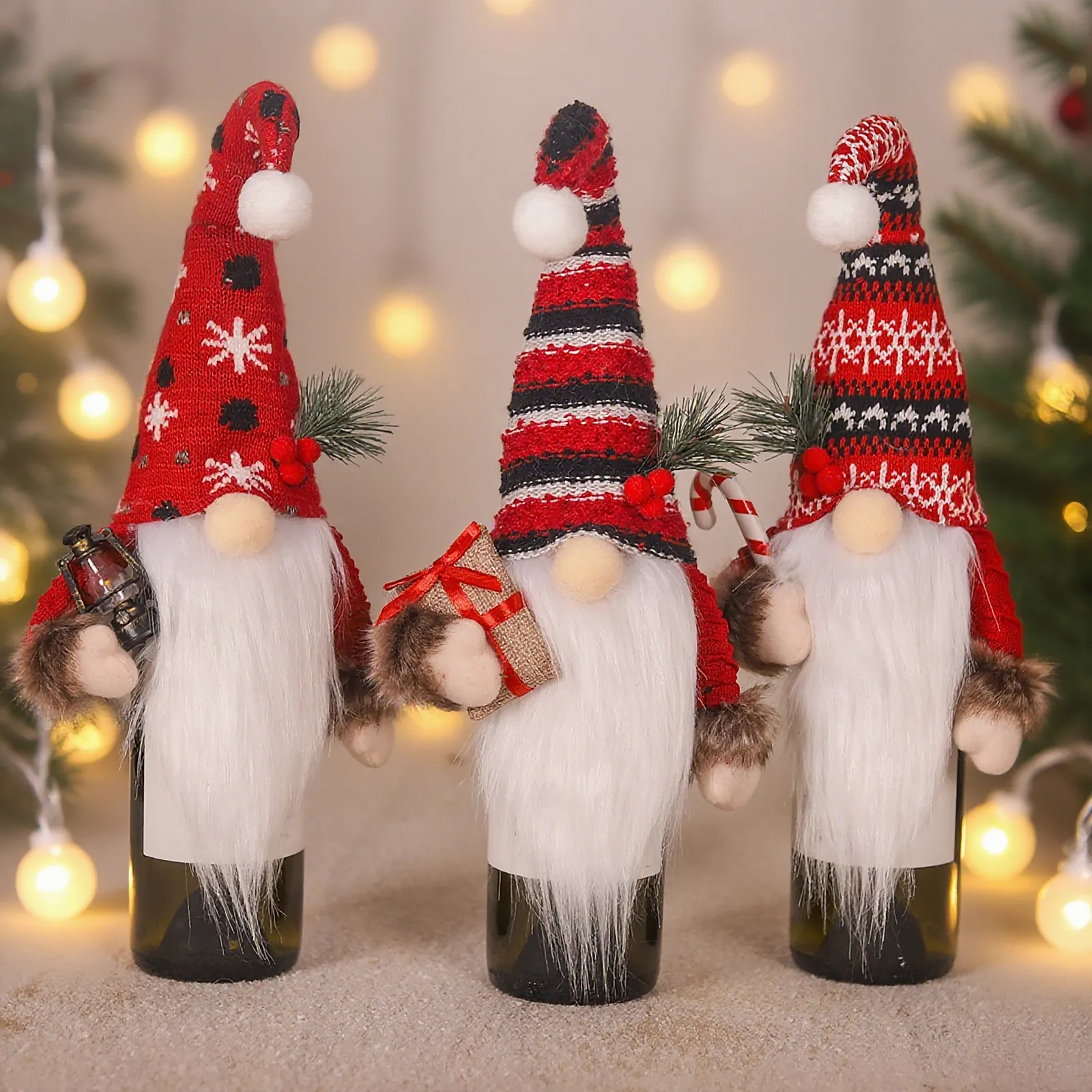 Copribottiglia di Vino Gnomo di Natale Bambola Gnomo a Maglia Con Bastoncino di Zucchero Lanterna Sacco Regalo Decorazione