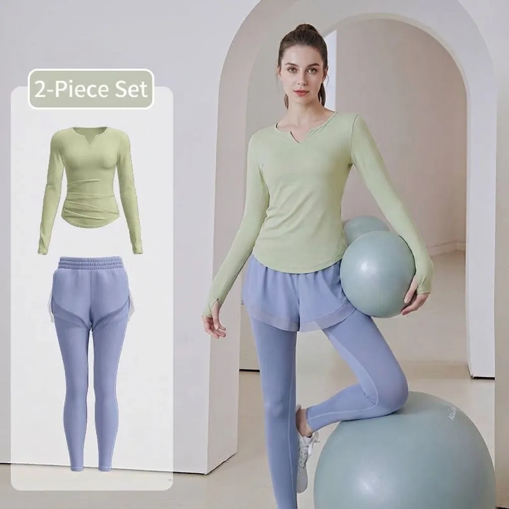 Damen Yoga Sportbekleidung Set Polyester Elasthan V-Ausschnitt Langarm Top Und Ausgestellte Hose Atmungsaktiv Gerafft Workout Outfit