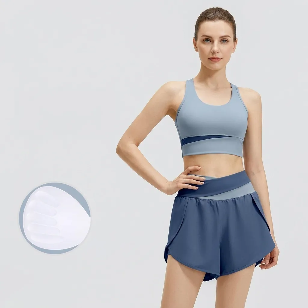 Women Color Block Yoga Set Racerback Sports Bra High Waist Shorts Top And Bottom Workout Outfit For Running Fitness