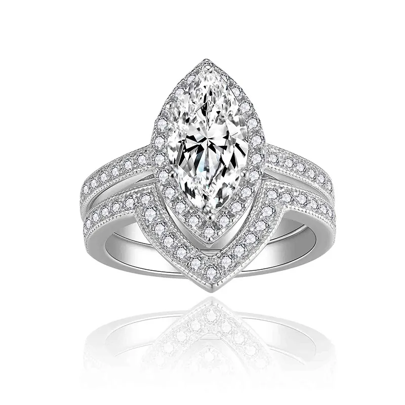 French Vintage Marquise Cut Moissanite Ring Set S925 Sterling Silver White Gold Plated Milgrain Band For Women Jewelry