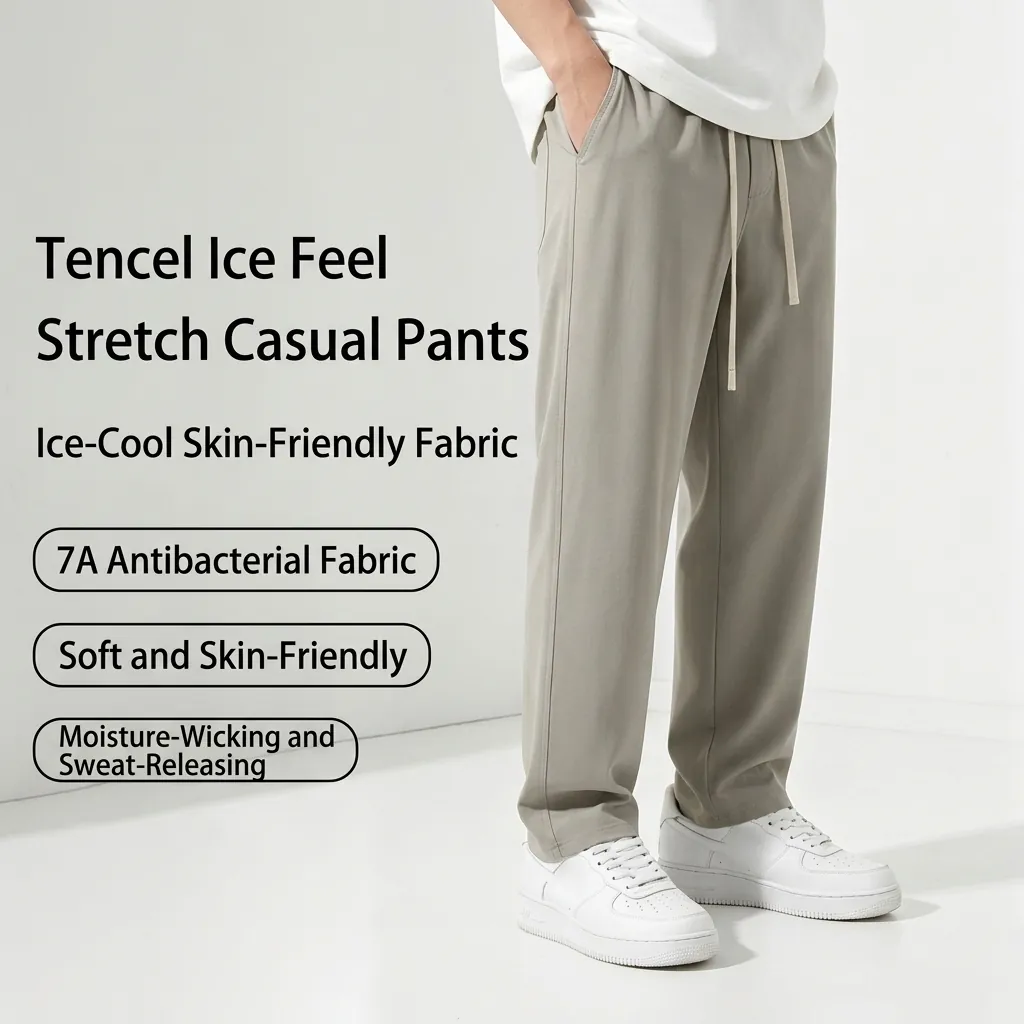 Pantalones Casuales de Seda de Hielo para Hombre Verano Pierna Recta Secado Rápido Deportivos Transpirables con Cordón