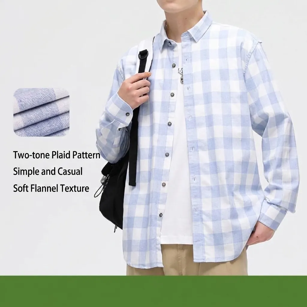 Men Cotton Plaid Long Sleeve Shirt Casual Slim Fit Korean Style Minimalist Square Collar Button Down Top