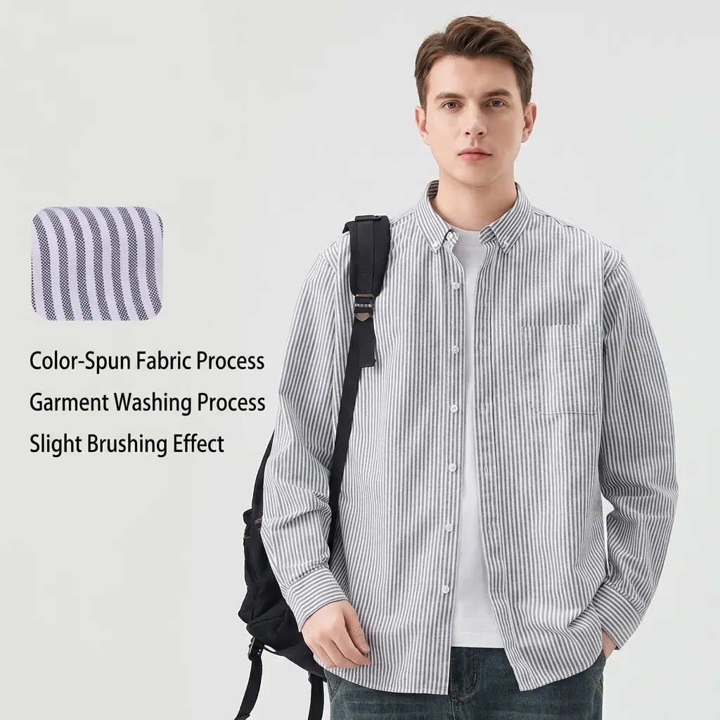 Men Casual Long Sleeve Striped Oxford Shirt 100% Cotton Button Down Regular Fit Yarn Dyed Sand Washed Brushed Soft Tops