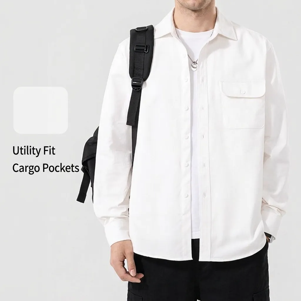 Men's Cotton Long Sleeve Shirt Casual Workwear Style with Flap Pocket Solid Color Button Down Top for Men