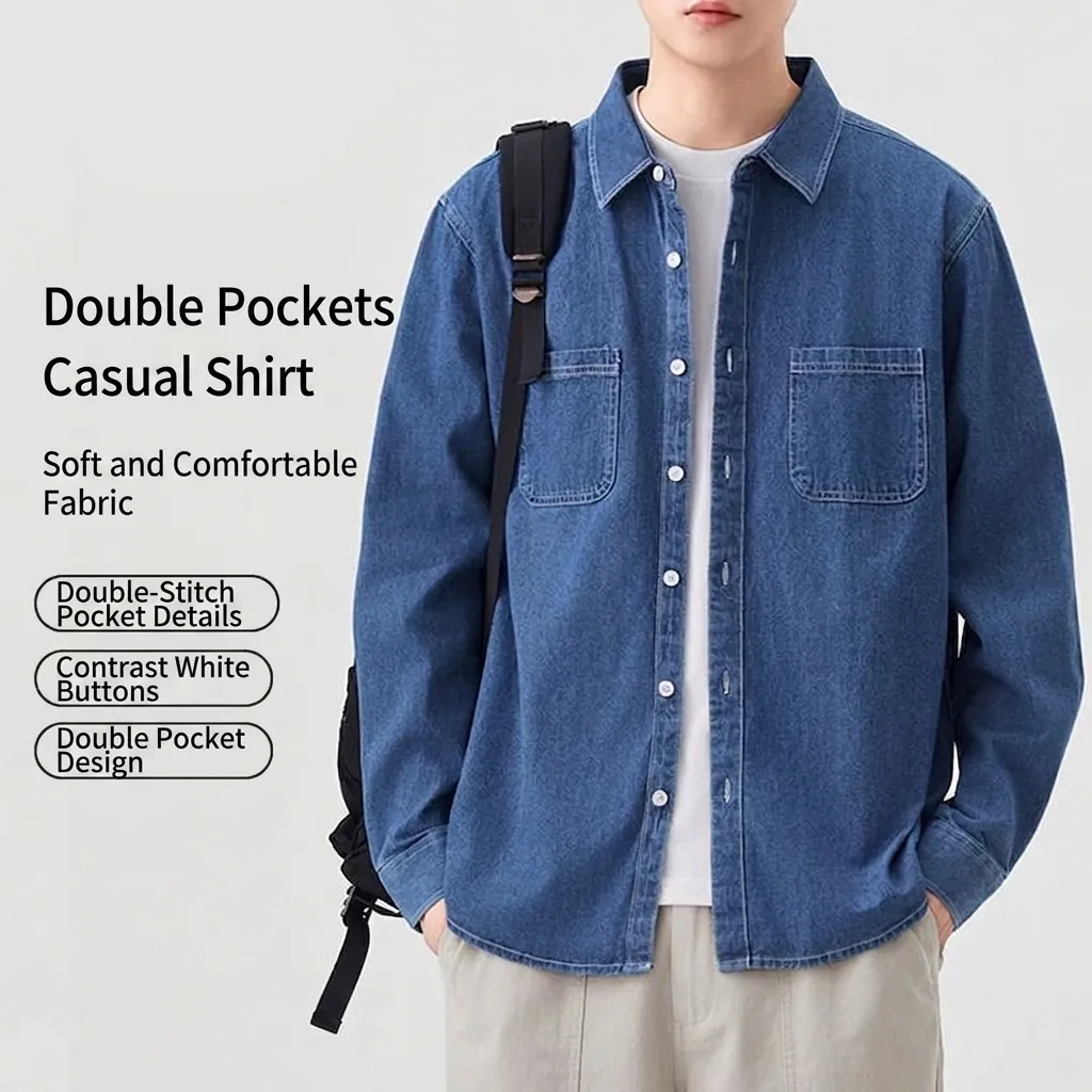 Chemise en Denim à Manches Longues Décontractée pour Femmes en Pur Coton avec Boutons et Double Poche et Surpiqûres Contrastées