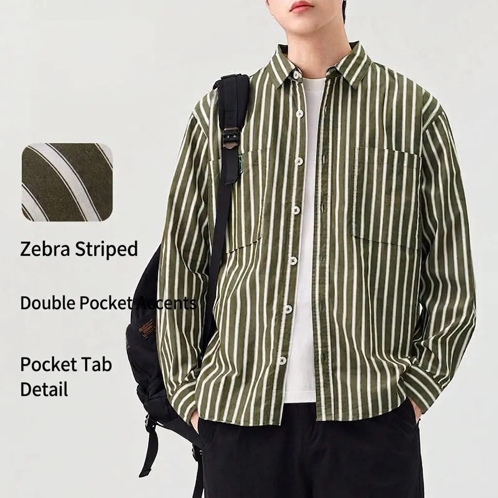 Men Business Casual Long Sleeve Striped Shirt 100% Cotton Regular Fit Double Pocket Shirt With Letter Patch For Office Daily Work