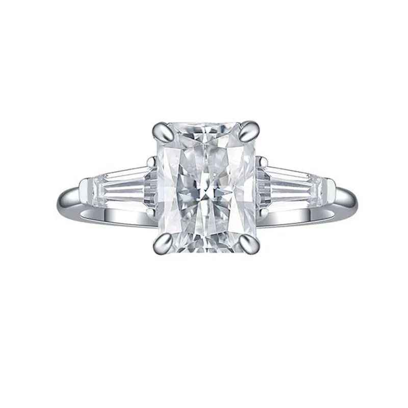 Luxe Radiant Slijpvorm Moissaniet Ring 925 Sterling Zilver 18K Verguld Drie Stenen Baguette Zijstenen Verloving Bruiloft Sieraden GRA