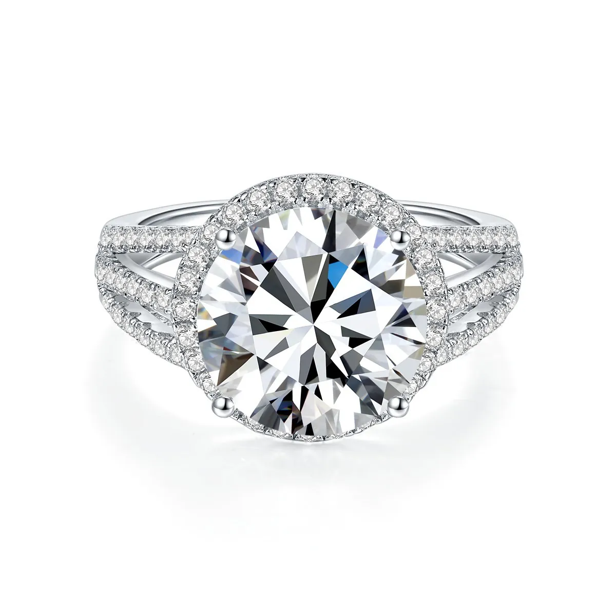 Anillo de Moissanita Redondo Lujoso Certificado GRA Plata de Ley 925 Halo Strass Joyas de Boda Fiesta para Mujeres