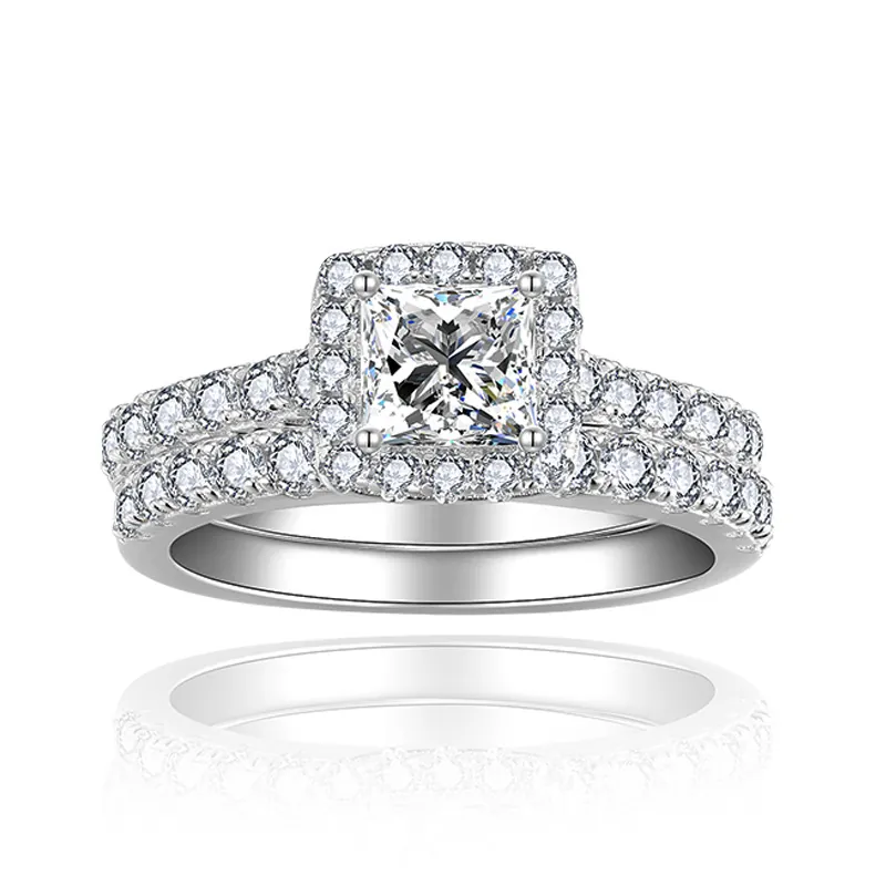 Conjunto de Anillos GRA Moissanita 0.8 Quilates Corte Princesa Doble Capa Plata de Ley 925 Halo Anillo de Compromiso para Mujer