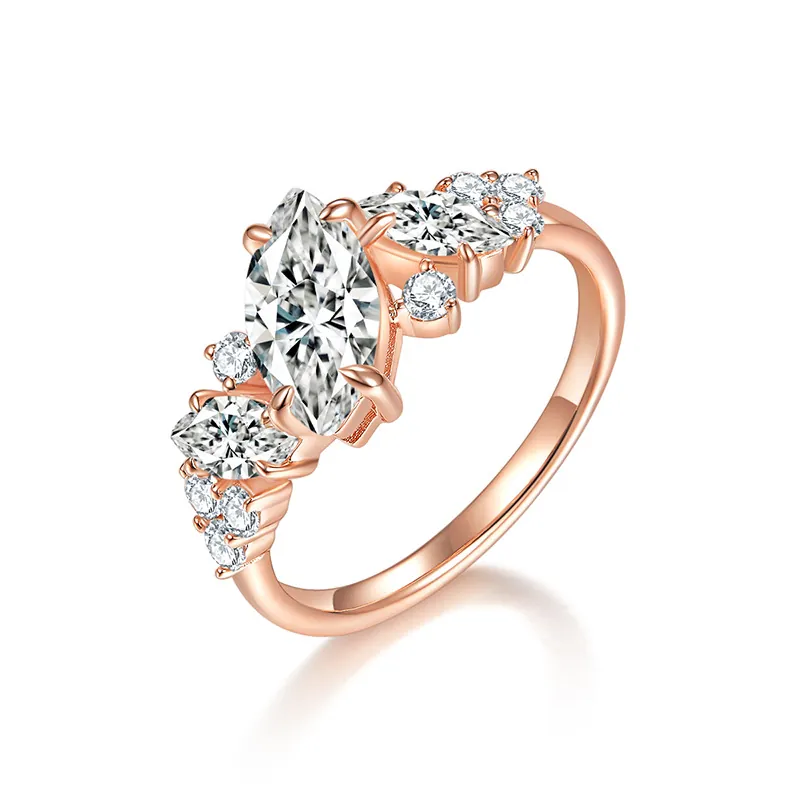 European American Fashion 1 Carat Marquise Moissanite Ring Silver Plated 18k Rose Gold Irregular Symmetrical Cluster Ring For Women GRA Jewelry