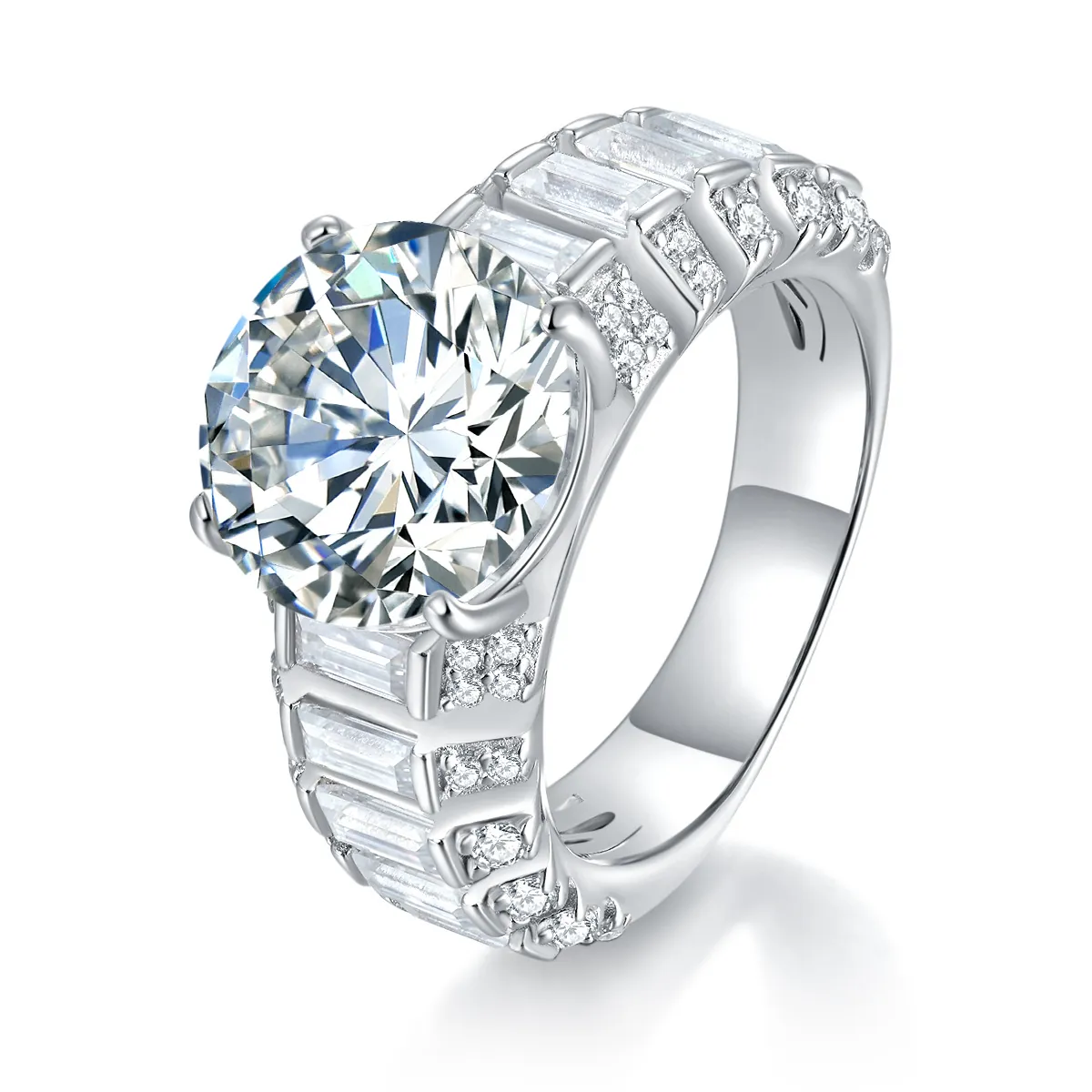 Luxury 925 Sterling Silver 5ct Round Moissanite Ring For Women With Tapered Baguette Cut Side Stones GRA Certificate Gift