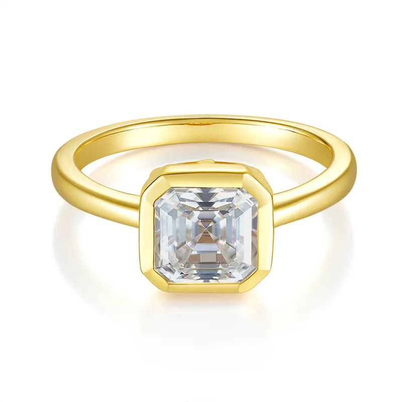 Anillo de Moissanita de Corte Asscher Cuadrado de Plata de Ley 925 Chapado en Oro de 18k Engaste en Bisel con Certificado GRA