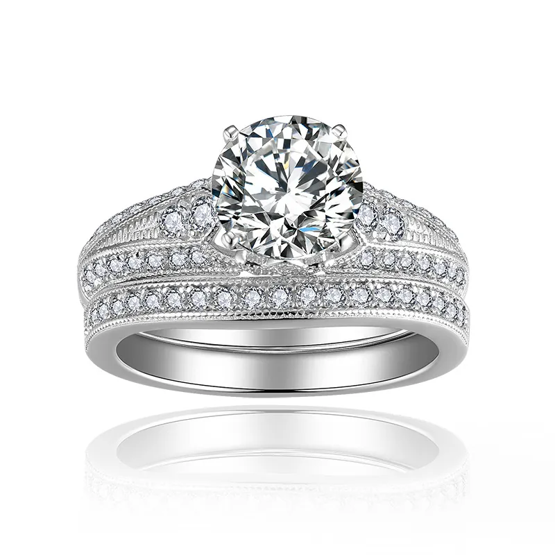 Conjunto de Anillos de Compromiso de Moissanita Redonda Vintage para Mujer Plata de Ley 925 Bordes Milgrain Certificado GRA Incluido Joyas de Boda