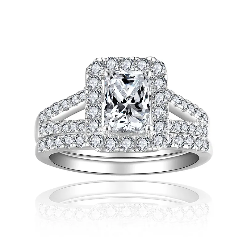 Juego de Anillos de Moissanita Corte Radiant Plata de Ley 925 Chapado en Oro Blanco 18k Anillo de Compromiso Apilable Mujer Certificado GRA