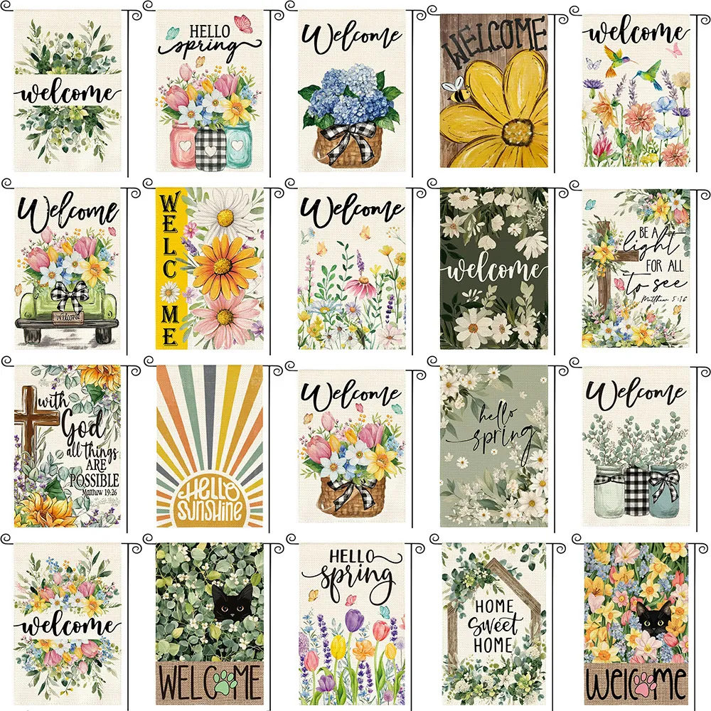 Aquarell Frühling Gartenfahne Außen Hof Dekoration Doppelseitig Bedruckt Floral Willkommensschild Leinen Gartenfahne Für Haus Garten