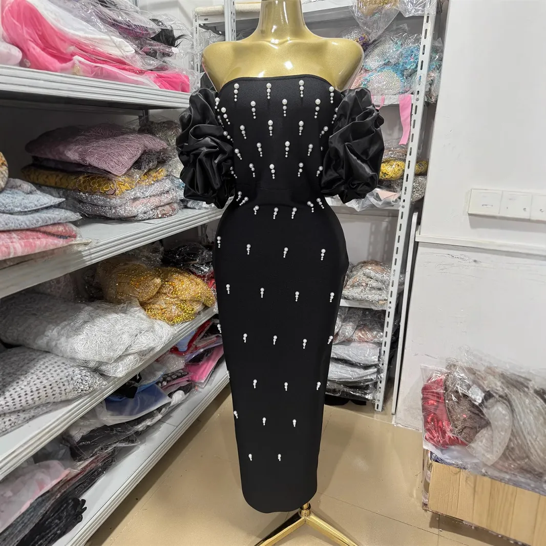 Elegant Off-Shoulder Pearl Beaded Bandage Dress Women Sexy Bodycon Evening Banquet Party Maxi Gown Ruffle Puff Sleeve Slit Dress