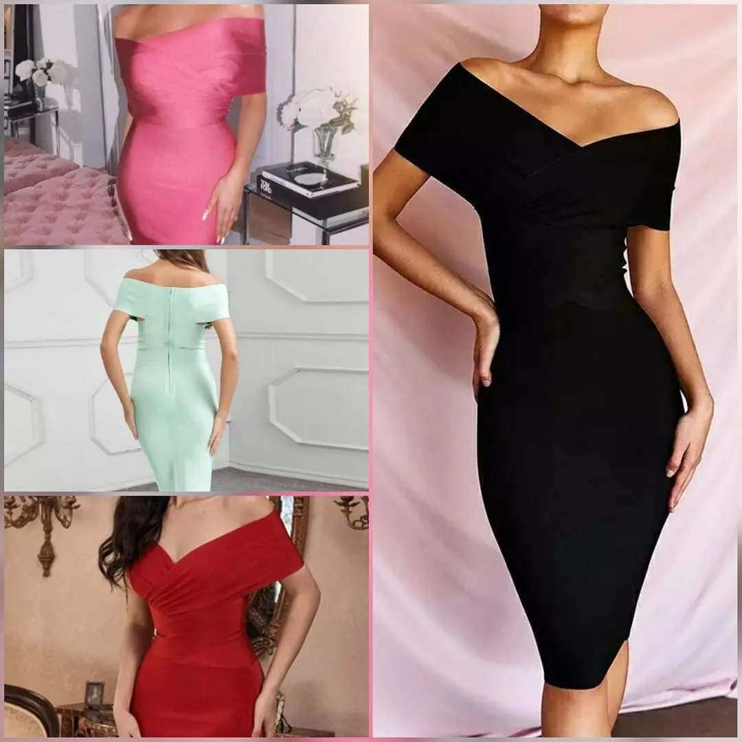 Women Off-The-Shoulder Bandage Dress Elegant Bodycon Midi Party Evening Gown Sexy Sleeveless Polyester Dress For Ladies