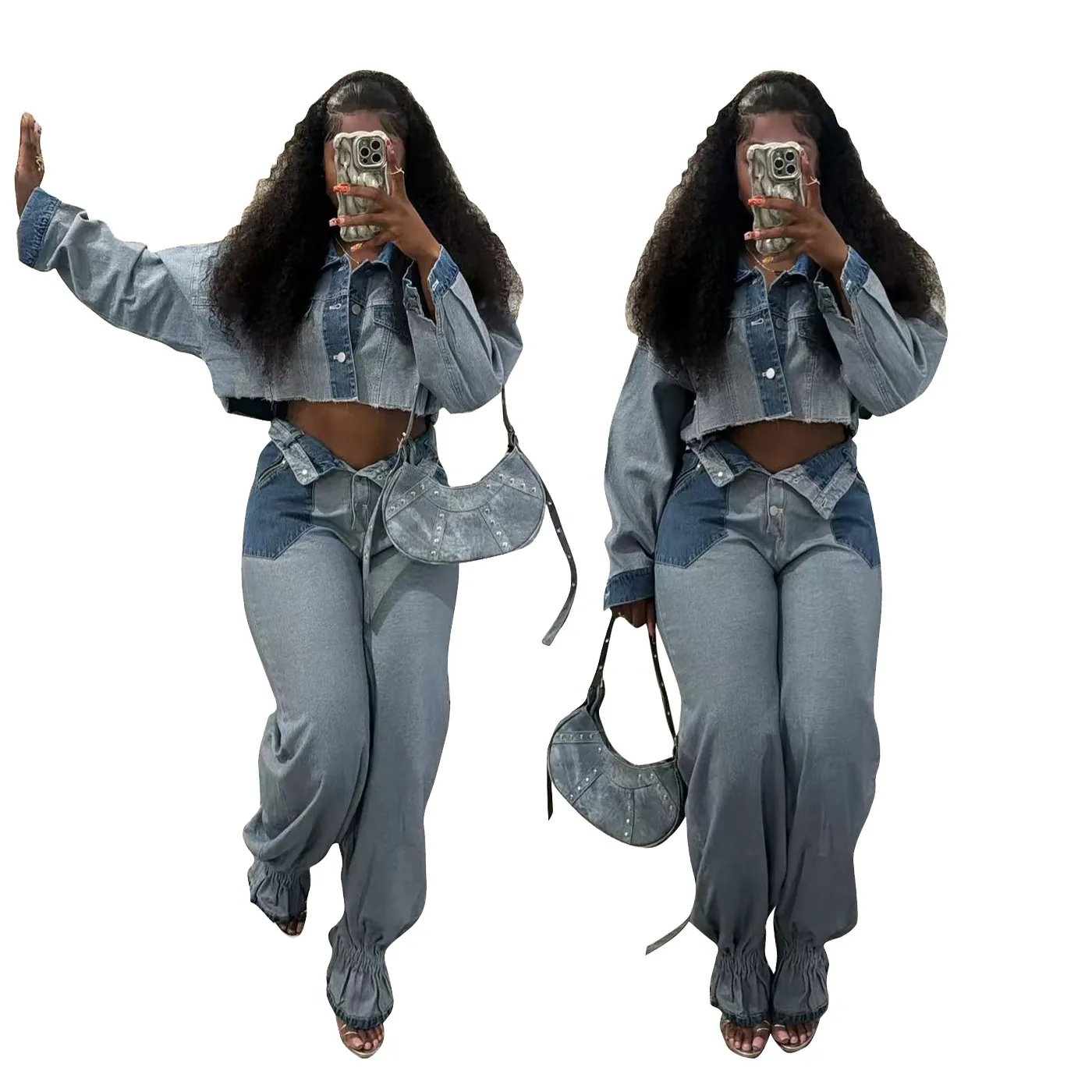 Women Color Blocked Denim Top And Bottom Casual Cropped Jacket High Waist Wide Leg Pants Streetwear Blue Washed Jean Outfits