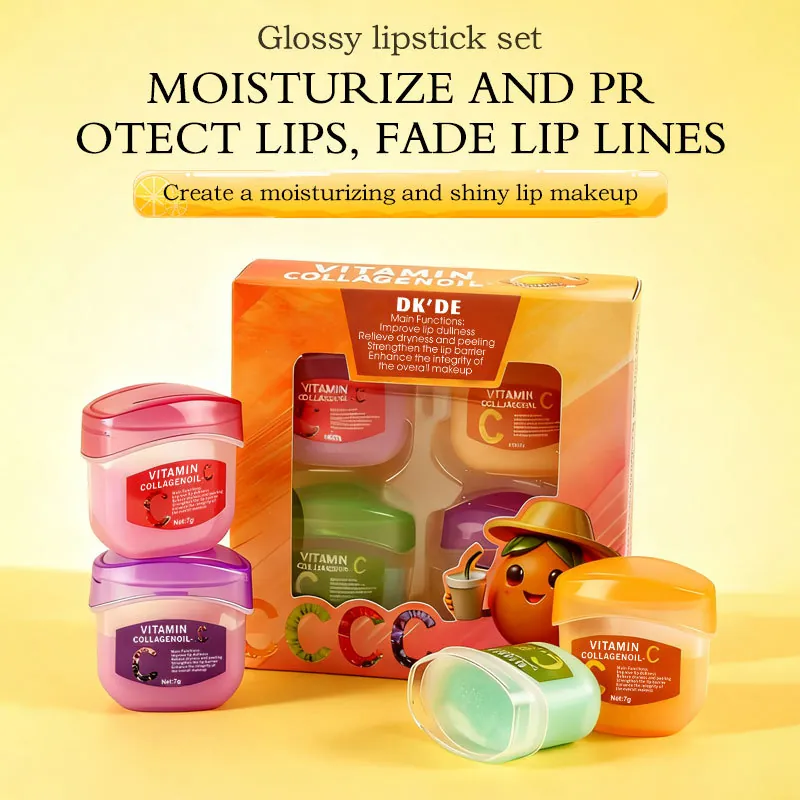 Vitamin C Collagen Oil Lip Mask Set 4 Pieces Moisturizing Hydrating Exfoliating Lip Care Balm For Dry Lips Unisex Beauty