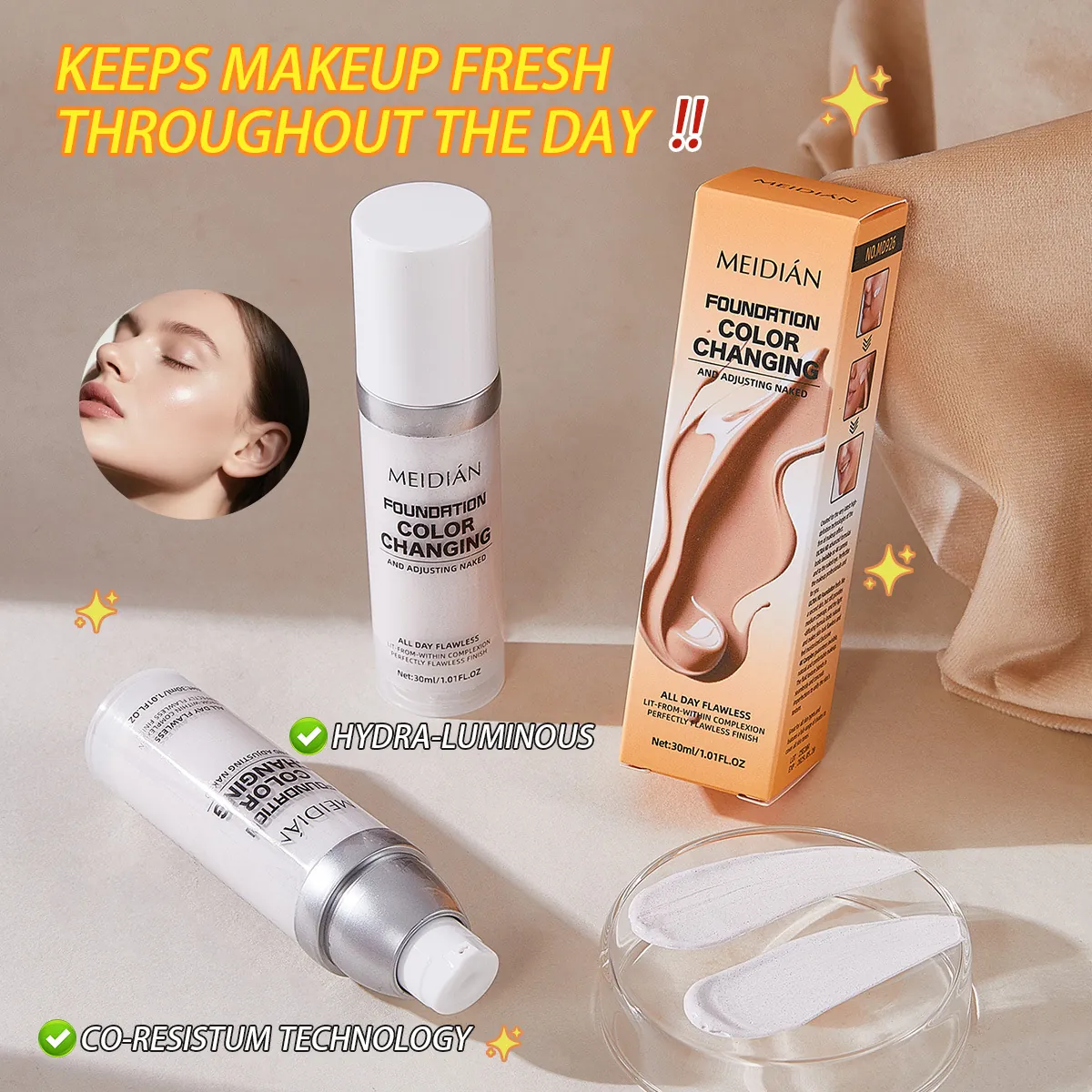 Meidian Color Changing Foundation Long Lasting Moisturizing Natural Concealer Flawless Finish Face Makeup For All Skin Types