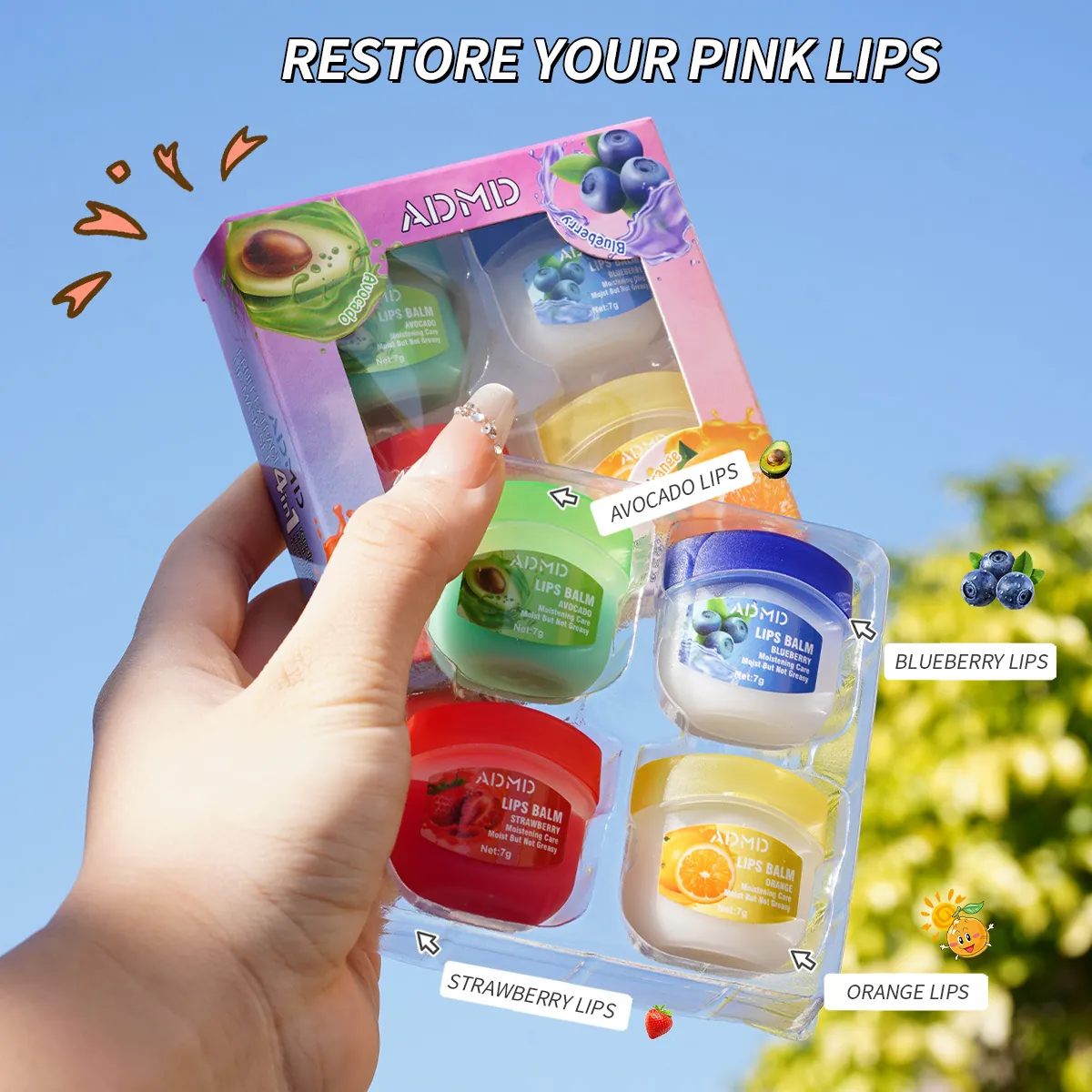 ADMD Juego de Mascarillas Labiales con Extractos de Frutas Hidratante Bálsamo Reparador Aguacate Fresa Arándano Naranja Cuidado Labial