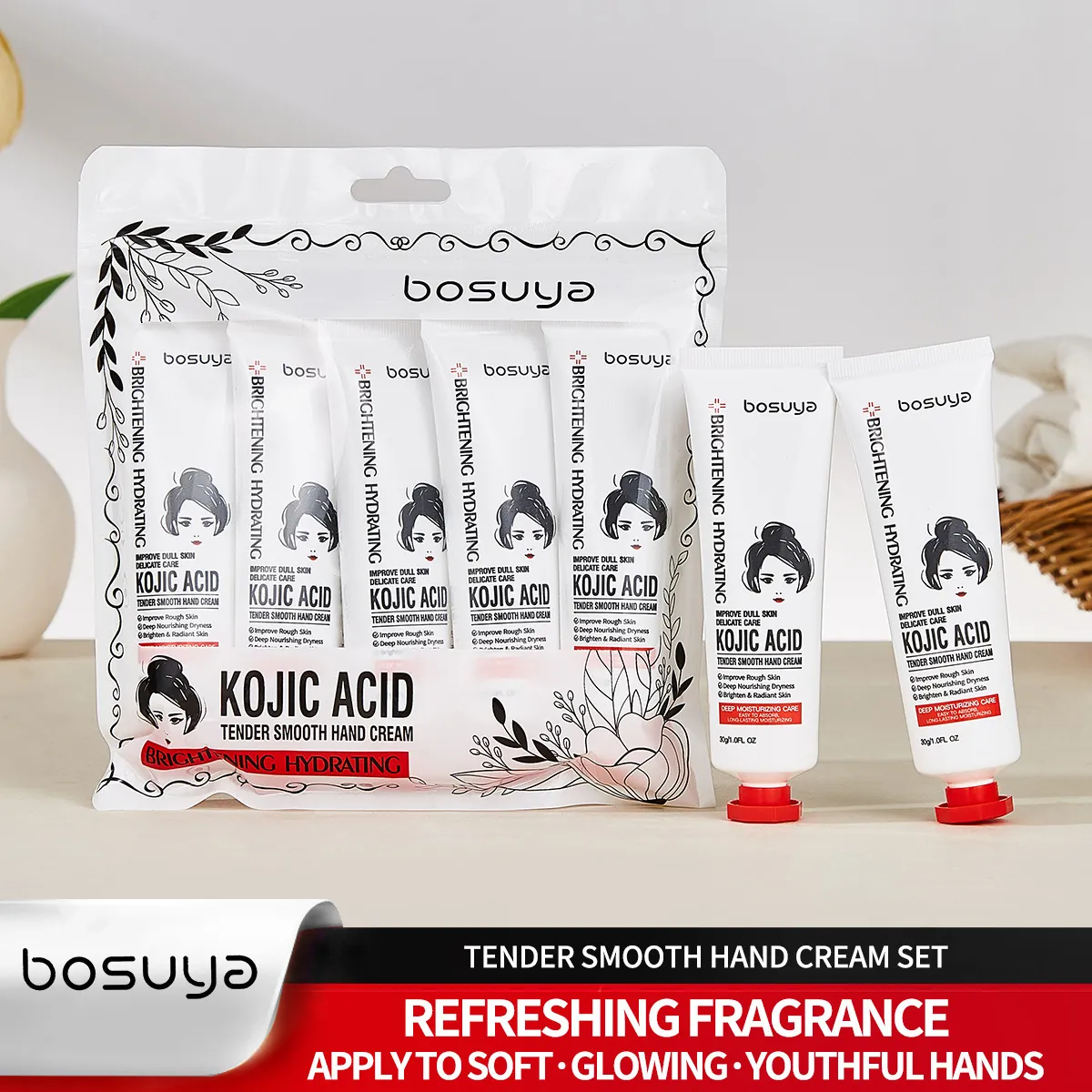 BOSUYA Crème pour les Mains à l'Acide Kojique Éclaircissante Hydratante Soin des Mains Nourrissant Peaux Sèches Portable Beauté Femme