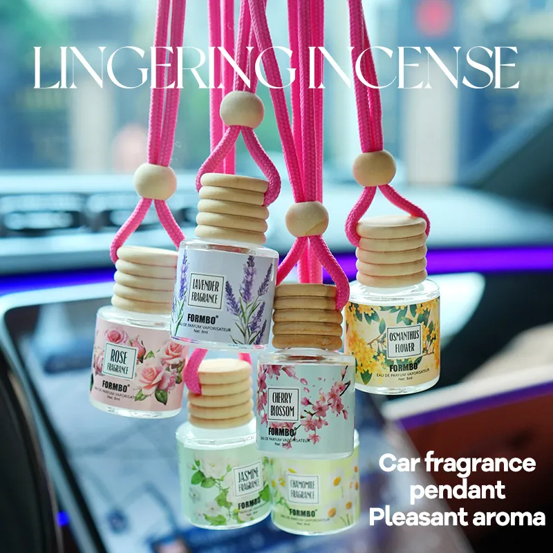 FORMBO Bouteille en Verre Désodorisant de Voiture Décoration à Suspendre Diffuseur d'Huiles Essentielles Parfum Floral Avec Bouchon en Bois Cordon Rose