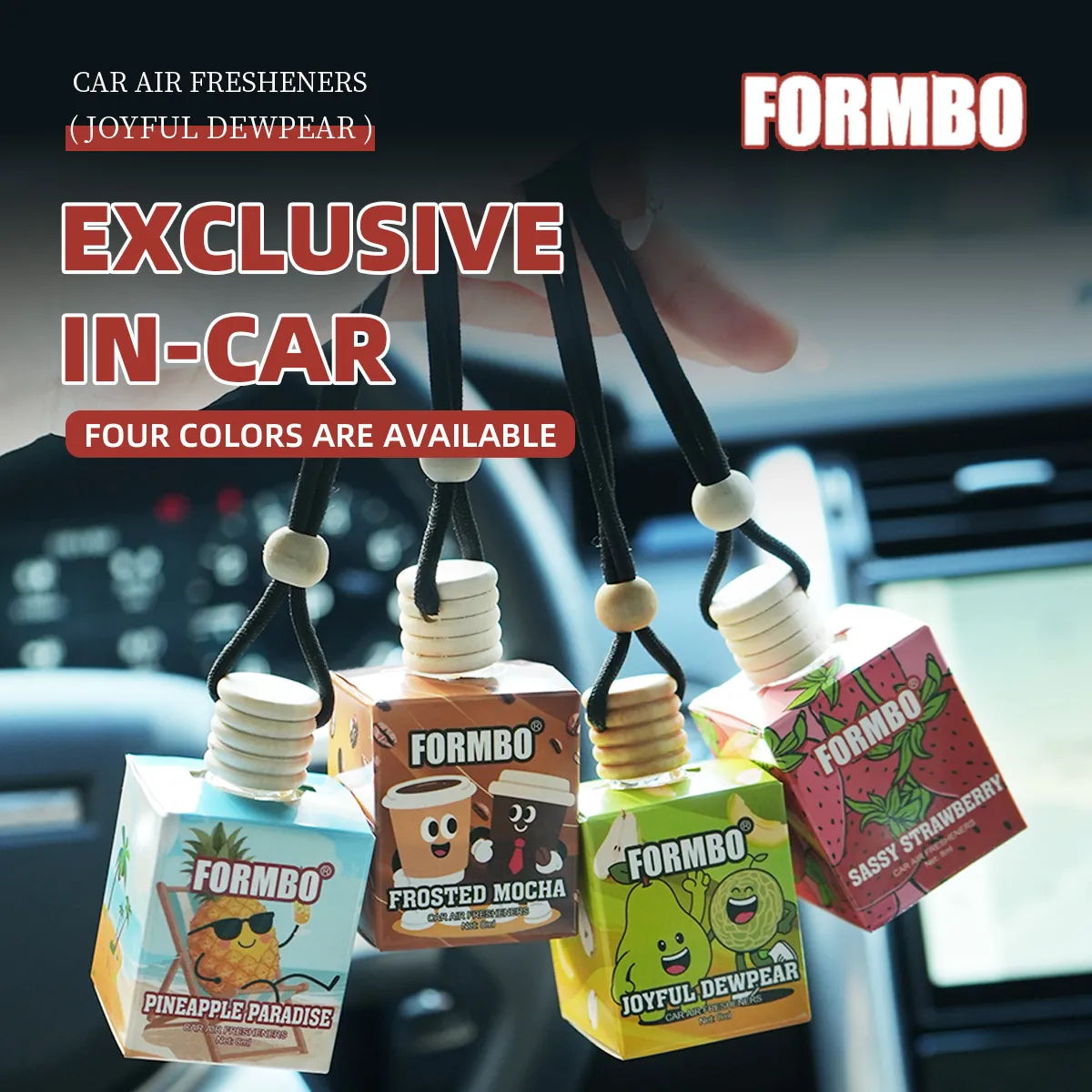 FORMBO Désodorisant de Voiture Bouteille en Verre Suspendue Couvercle en Bois Diffuseur d'Huiles Essentielles Pour Décoration de Voiture Maison Bureau Parfum de Fruits Café
