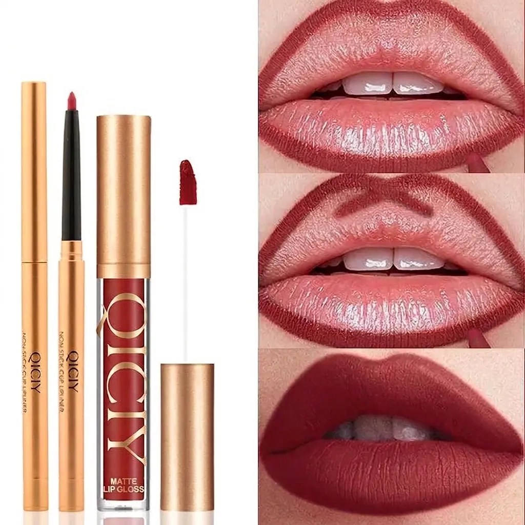 Matte Lipgloss Und Lippenkonturenstift Set Wasserfest Langanhaltend Nicht Abfärbend Samt Lippenlasur Duo Make-up Kit Für Damen