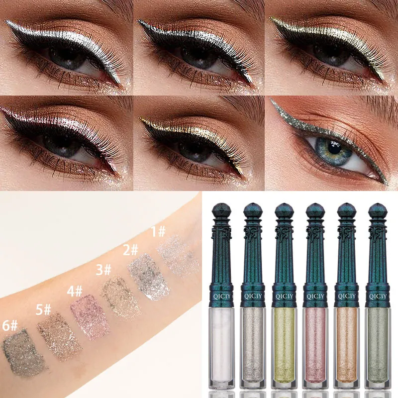 QICIY 6 Farben Glitzer Flüssiger Eyeliner Set Wasserdicht Langanhaltend Schnelltrocknend Glänzender Metallischer Lidschatten Eyeliner Make-up Damen