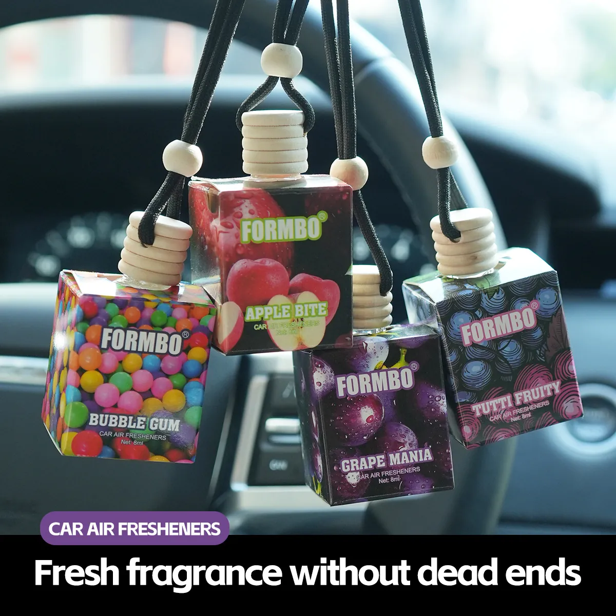 FORMBO Désodorisant de Voiture Suspendu Bouteille en Verre Bouchon en Bois Diffuseur d'Huiles Essentielles pour Rétroviseur