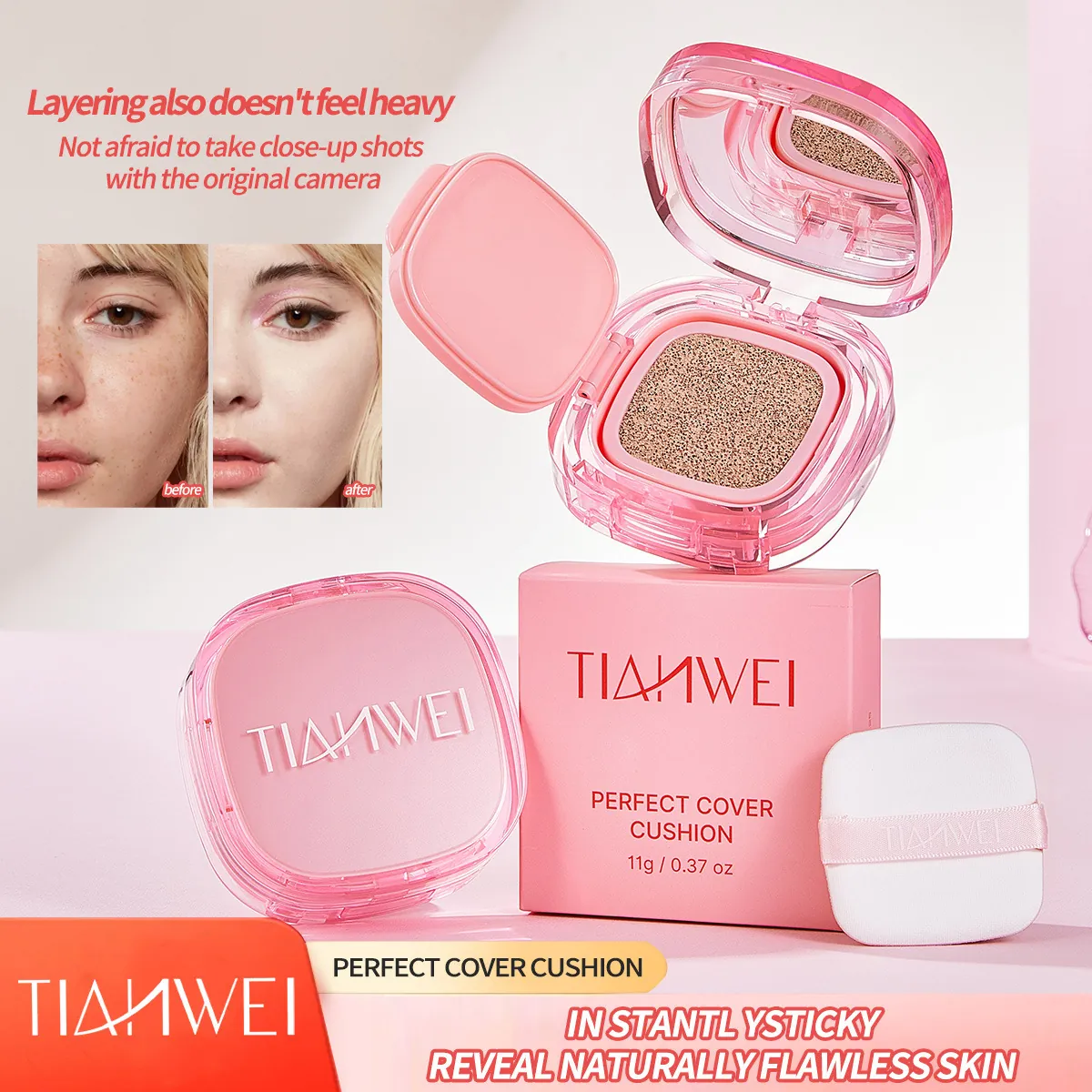 TIANWEI Perfect Cover Cushion Foundation Langanhaltende Ölkontrolle Concealer Aufhellendes Natürliches Nude Makeup Rosa Quadratisches Gehäuse