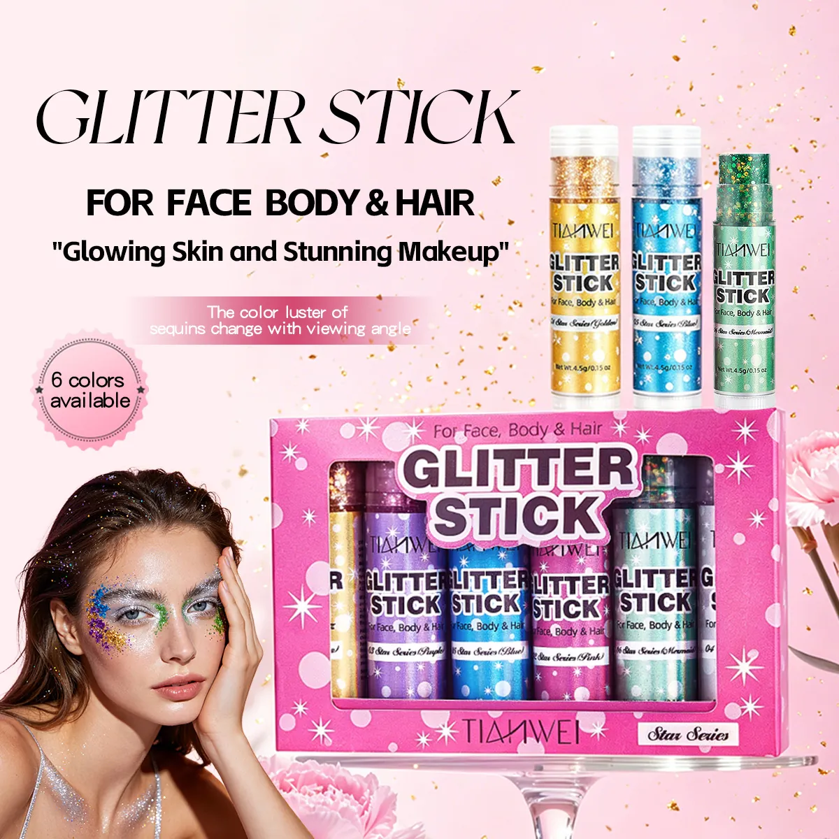 Set de Barras de Purpurina Tianwei Serie Estrellas Maquillaje Brillante de Larga Duración para Rostro Cuerpo Cabello 6 Colores para Fiesta Discoteca