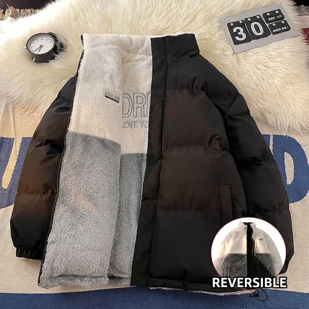 Veste Rembourrée en Coton Réversible à Col Montant Pour Hommes Femmes Hiver Patchwork en Polaire Sherpa Manteau Matelassé Imprimé Lettres Oversize