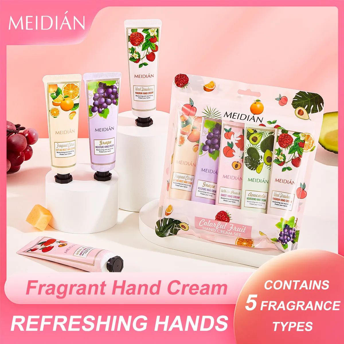 Meidian Fruit Fragrance Hand Cream Set 5PCS Moisturizing Nourishing Anti-Cracking Lotion For Dry Hands Gift Set For Women