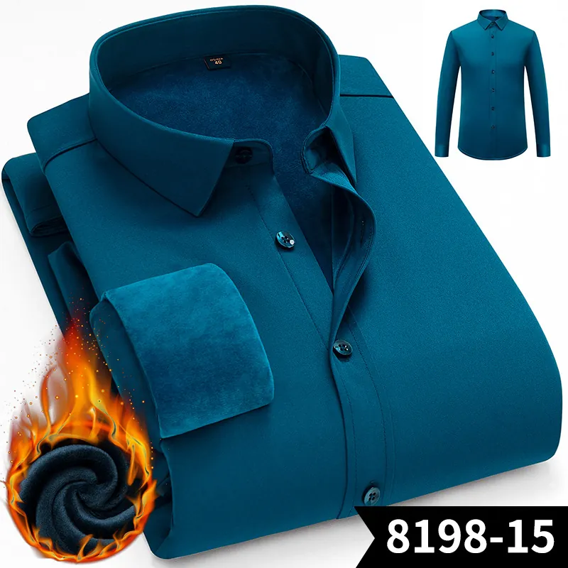 Men Business Thermal Shirt Fleece Lined Thickened Long Sleeve Formal Top Solid Color Slim Stretch Shirt For Winter