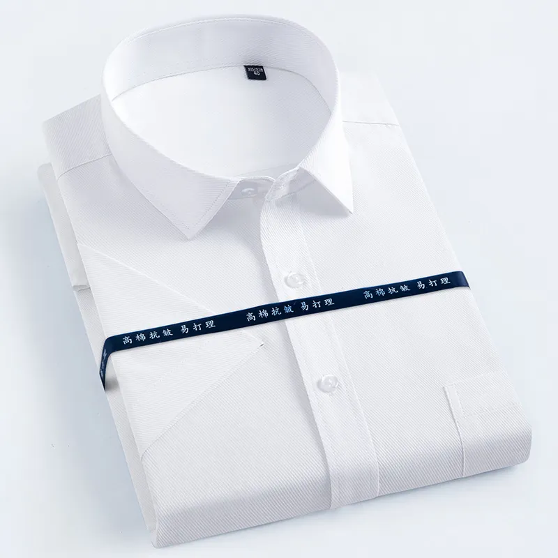 Men Short Sleeve Business Shirt Slim Fit Non-Iron Cotton Blend Striped Solid Color Formal Office Casual Top