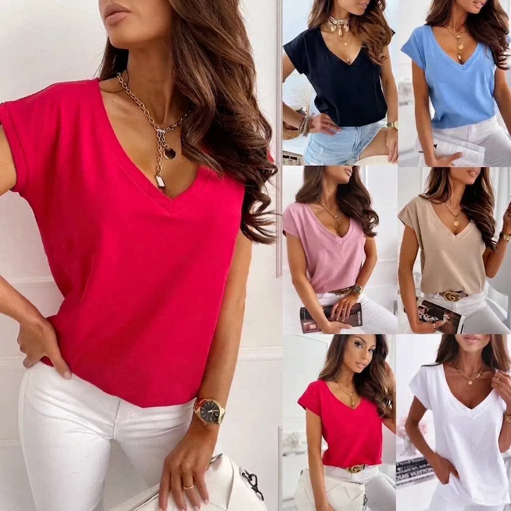 Maglietta da Donna in Poliestere con Scollo a V Casual Tinta Unita Manica Corta Minimalista Stile Pendolare Patchwork Top Comodo