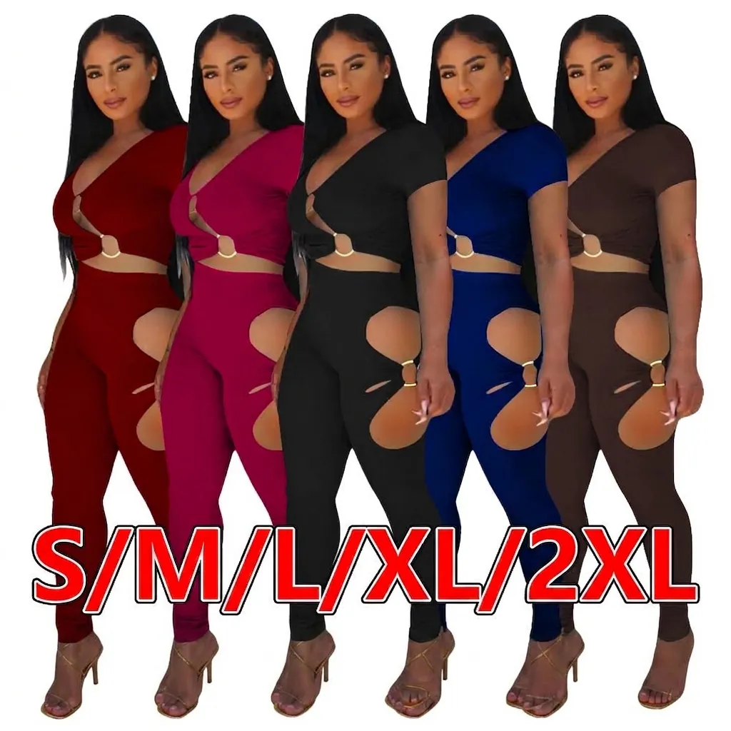 Women Sexy V Neck Ribbed Crop Top And Cut Out High Waist Pants Top And Bottom Set With Metal Ring Ribbed Two Piece Outfits