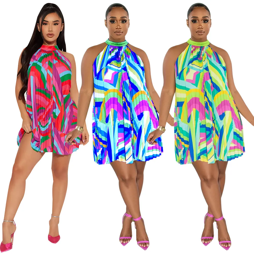 Women Halter Neck Sleeveless Pleated Mini Dress Colorful Geometric Print Casual Beach Party Vacation Summer Sundress