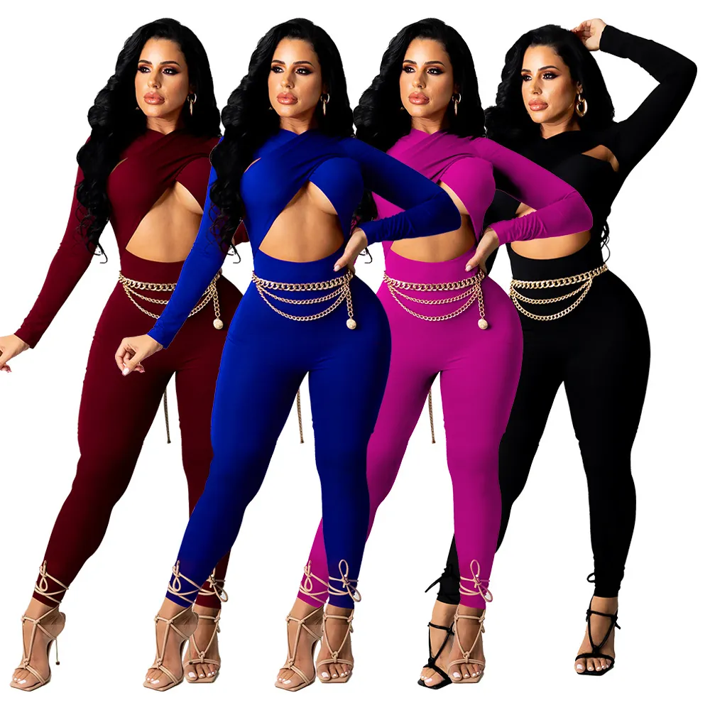 Combinaison Sexy pour Femmes Avec Découpe Croisée Manches Longues Moulante Couleur Unie Pantalon Long Avec Chaîne de Taille