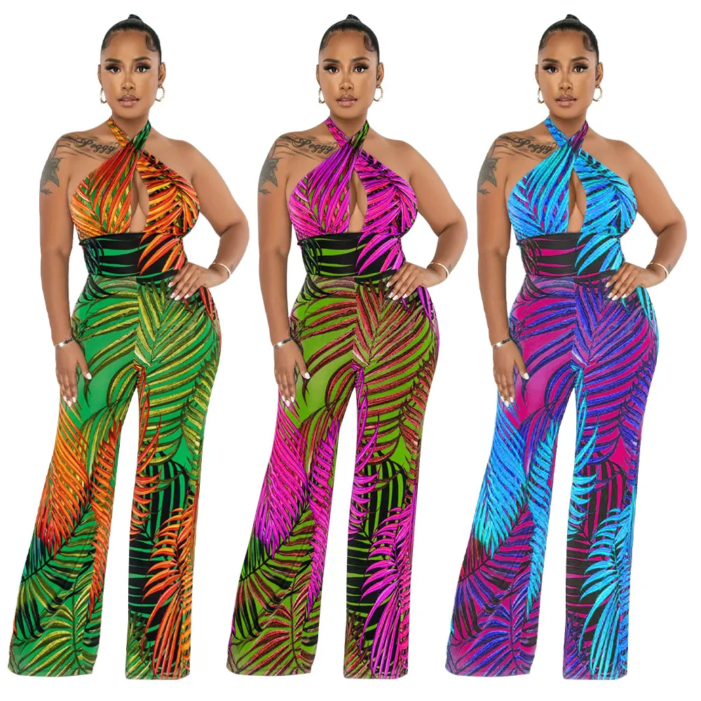 Damen Sexy Halter Rückenfrei Tropische Palme Blatt Druck Jumpsuit Weites Bein Ausschnitt Ärmellos Polyester Urlaub Jumpsuit