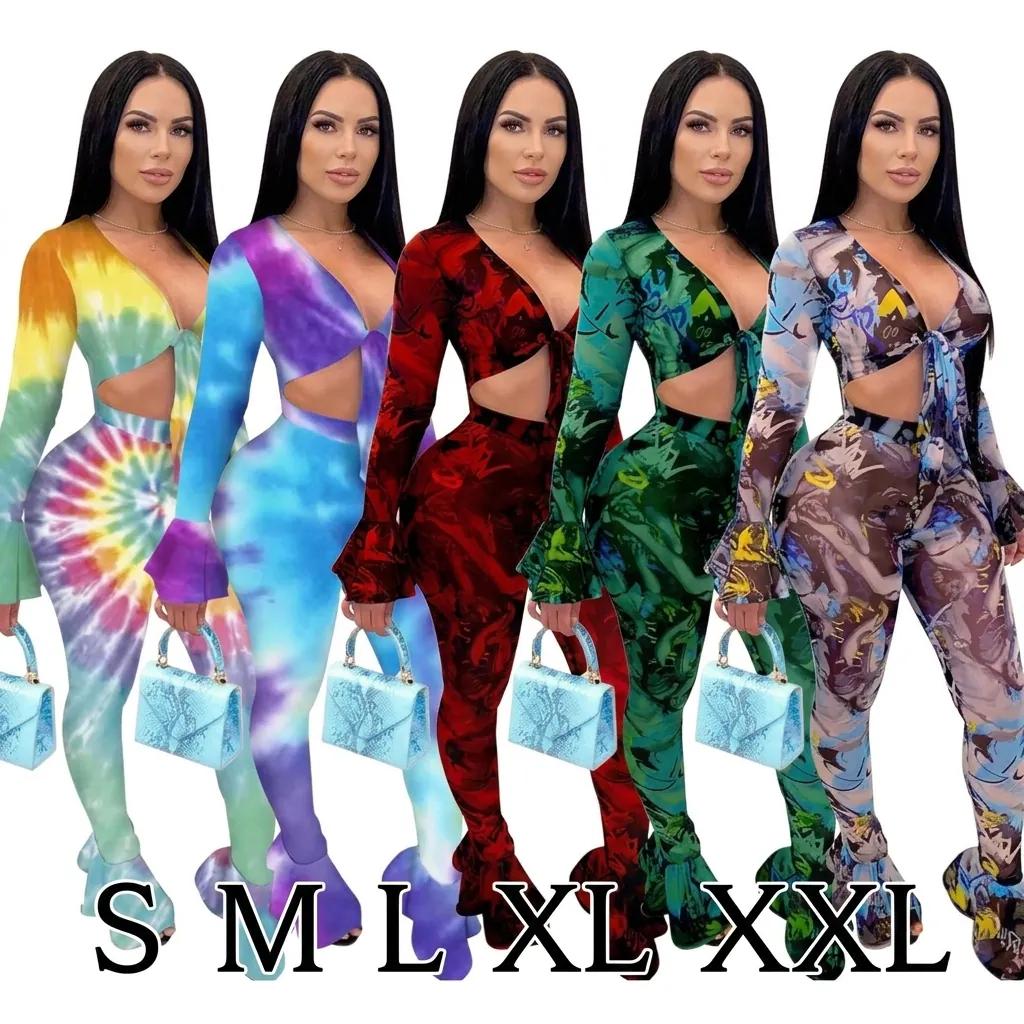 Donne Sexy Scollo a V Stringato Mesh Top E Pantaloni Manica Lunga a Campana Tie-Dye Stampato Per Clubwear Festa